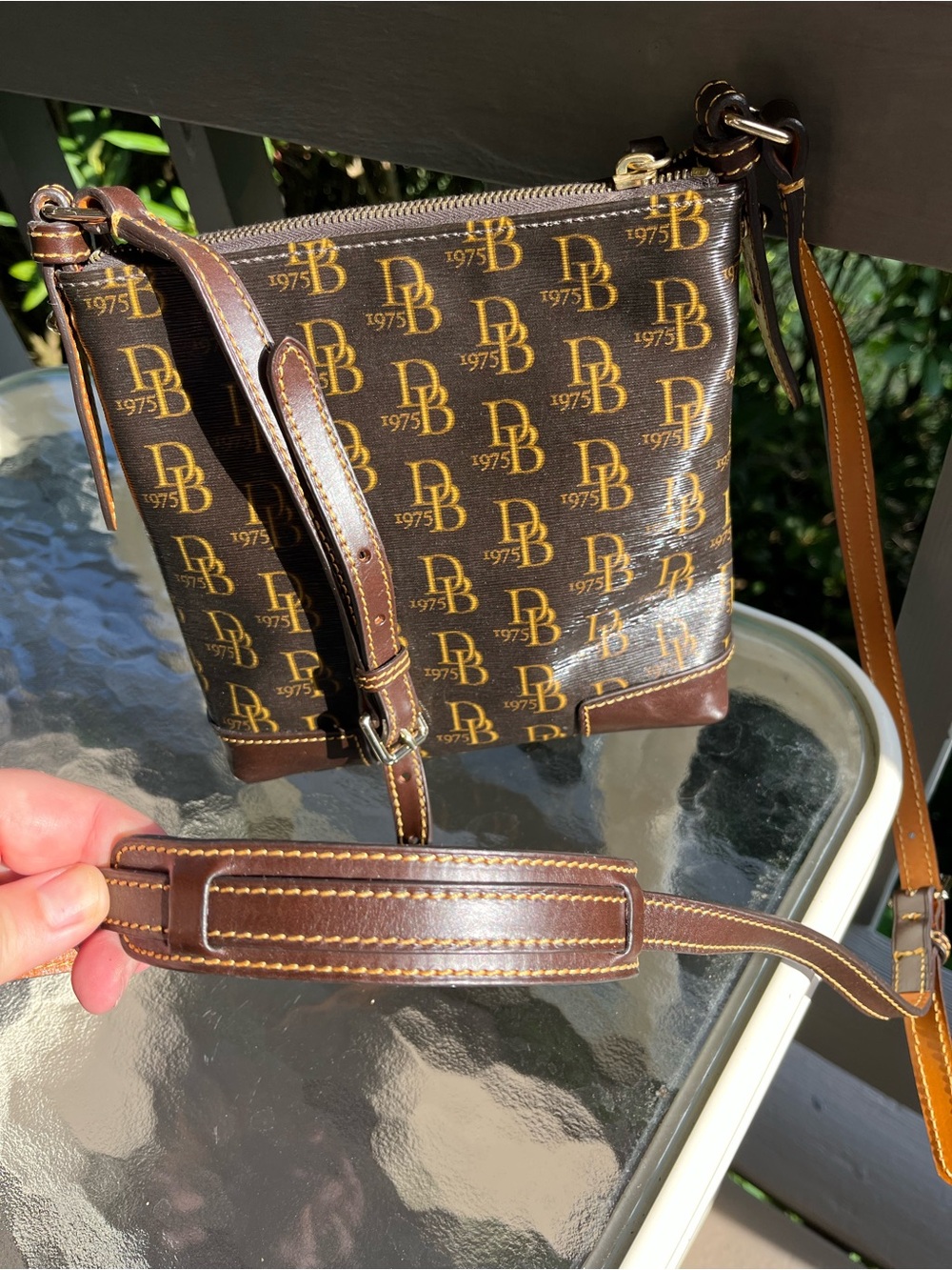 Designer-Inspired Dark Brown Monogram Crossbody Bag with Adjustable Strap